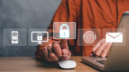 Firewall and internet security concept, Person hand touching VR screen protection icon on office desk, Data protection and network security, insurance business.