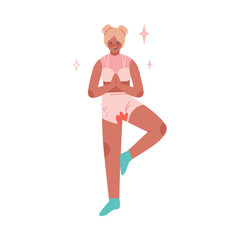 Period or Menstruation with Female with Red Marks on Underwear Standing in Yoga Pose Vector Illustration