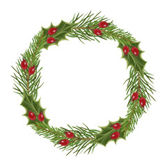 Frame made of Christmas plants. Christmas berries. A branch of a fir tree. Holly. Watercolor and gouache elements.  The print is used for packaging design, fabric.