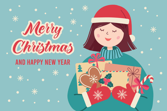 Christmas and Happy New Year illustration of girl with gifts. Vector postcard template