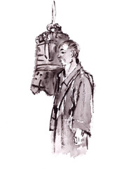 Fototapeta na wymiar buddhist monk and bell, chinese painting, travel sketch on white background