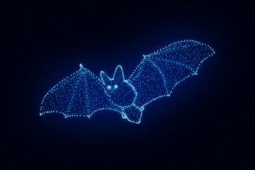 Halloween concept. Flying bat of glowing particles on dark background.
