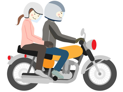 バイクに2人乗りの男性と女性（アメリカンバイク）