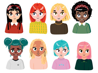 Vector illustration. Set of girls avatars. Girlfriends. Many people. Characters. People in a row. Various hairstyles and outfits.