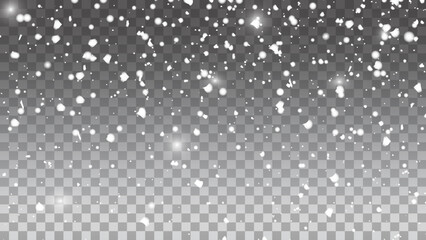 Heavy snowfall. Falling snowflakes on transparent background. White snowflakes flying in the air. Vector illustration.