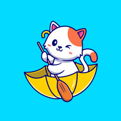 Cute Cat Rowing With Umbrella Boat Cartoon Vector Icon 
Illustration. Animal Holiday Icon Concept Isolated Premium 
Vector. Flat Cartoon Style