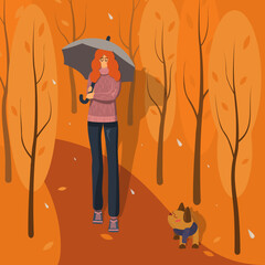 Autumn vector illustration of a girl walking in the park with a dog in the rain