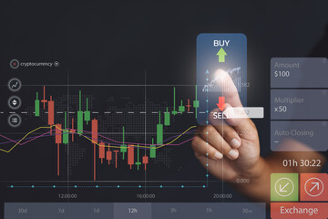 Stock market, planning and strategy, crypto, Business growth, progress or success concept. Businessman or trader is showing a growing virtual hologram stock,  buy and sell price invest in trading.