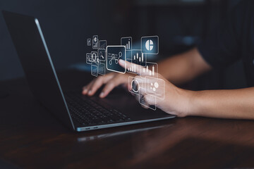 Businessman using laptop with planning  business, idea for marketing to project success. Business people analysis data figures to plan business strategies. Business plan growth concept.