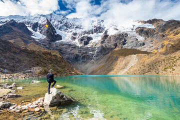 amazing view of humantay lagoon in peruvian andes - obrazy, fototapety, plakaty