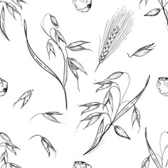 Detailed hand drawn black and white illustration seamless pattern of oat ear, wheat, leaf, grain, agriculture. sketch. Vector. Elements in graphic style label, card, sticker, menu, package.
