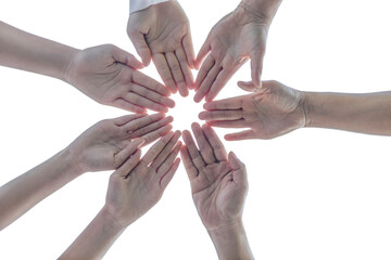 Friendship happiness leisure partnership team concept, Group of people holding hands assemble togetherness isolated on white background - obrazy, fototapety, plakaty