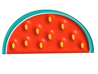 Illustration 3D render red semi circular cut piece of watermelon with yellow seeds on transparent background
