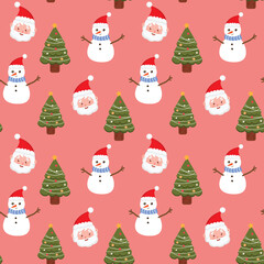 Christmas pattern with Santa, tree and snowman flat design