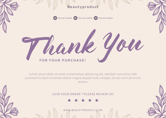 beauty purple thanks card with flower floral frame border decoration for business shop thank you greeting card