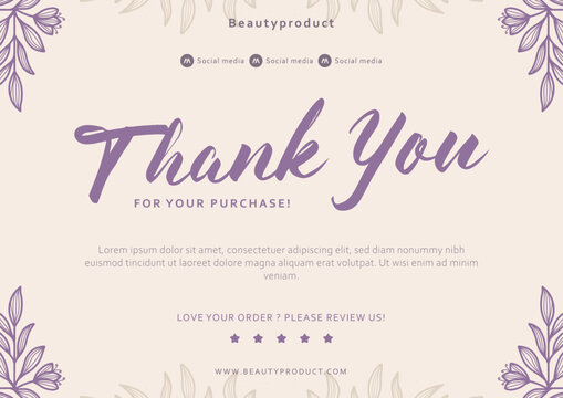 beauty purple thanks card with flower floral frame border decoration for business shop thank you greeting card