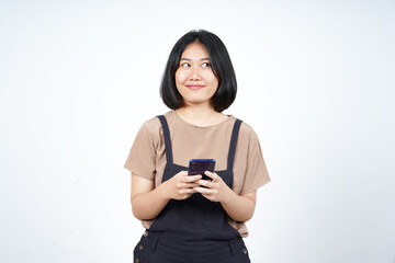 Holding or Using Smartphone and Smile of Beautiful Asian Woman Isolated On White Background