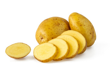 Naklejka na ściany i meble Fresh potatoes with slices isolated on white background