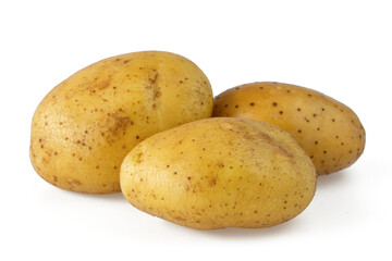 Three fresh potatoes isolated on white background.