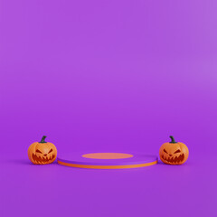 greeting card Halloween party background,  product display podium stand with pumpkins , happy halloween with ghost and jack o lantern in scary yard for trick or treat night celebration. 3d render