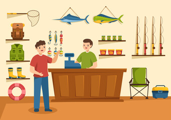 Fishing Shop Selling Various Fishery Equipment, Bait, Fish Catching Accessories or Items on Flat Cartoon Hand Drawn Templates Illustration
