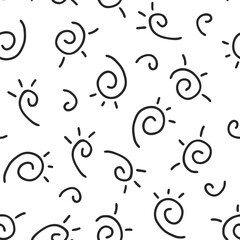 Seamless doodle pattern with curls, spirals and rays.