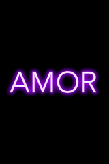 High-quality illustration. Purple neon sign on an isolated dark background with the phrase Amor in Spanish media on it. Bright sign for designs or graphic resources.