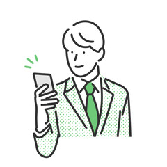 スマホを操作しているスーツ姿の男性のビジネスパーソンのイラスト素材