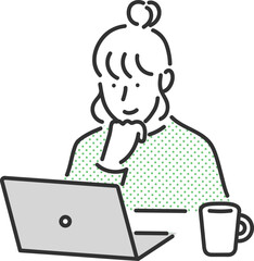 コーヒーを飲みながらノートパソコンを眺める女性のイラスト素材