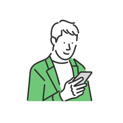 スマホを見ているスーツ姿の男性のビジネスパーソンのイラスト素材