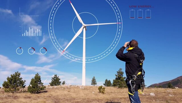 Engineer spotting a malfunctioning wind turbine, geared to climb it - with added motion graphics