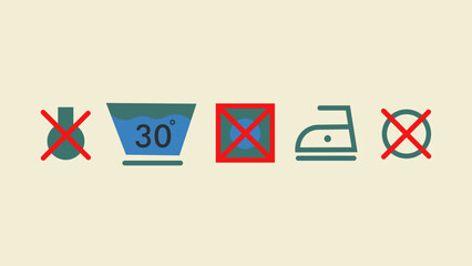 Textile and laundry icons set with do not wash, cleaning products, pillow cleaning and other high temperature elements. Isolated illustration textile icons.  - obrazy, fototapety, plakaty