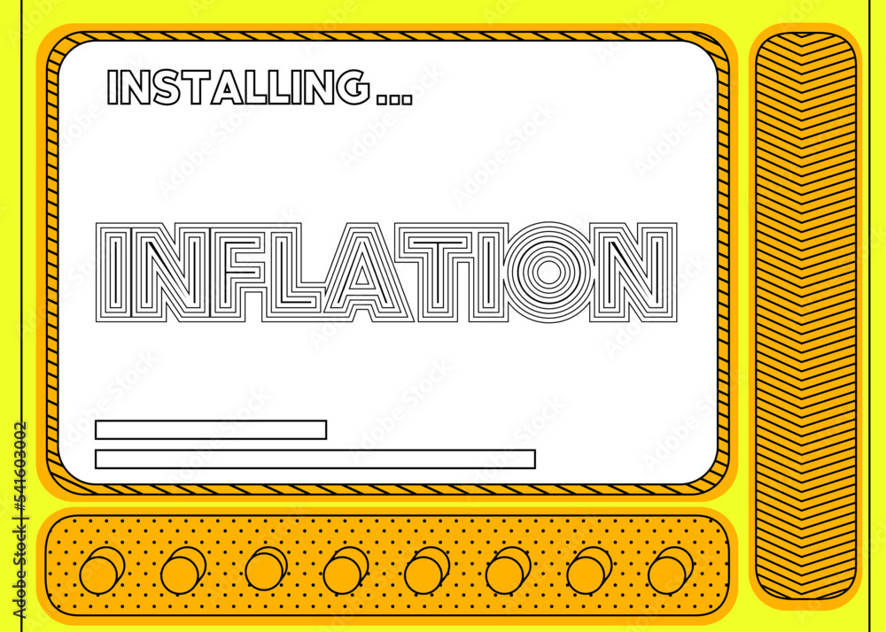 Poster Cartoon Computer With the word Inflation. Message of a screen displaying an installation window.