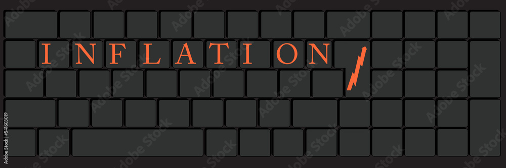 Poster computer keyboard with inflation text. close-up of an electronic computer device part, keypad.