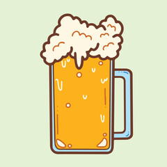 A glass of fresh beer in a big glass vector with foam and bubble vector illustration. Drinking icon drawing with cartoon flat art style and clean line art.