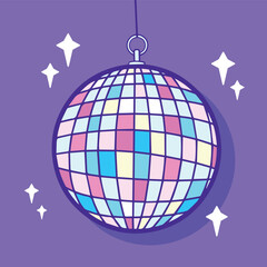 Funky pop disco ball vector illustration isolated on purple background. Cartoon icon with flat drawing art style and clean line art.