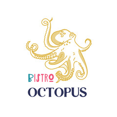 Logo template with octopus drawn by hand drawn lines. Emblem for the menu of fish restaurants, bistro, markets and shops. Vector illustration