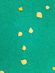 Green background with yellow autumn leaves. Green gravel. Autumn weather, brighter days. Suitable for postcards, promotions, websites, printing, social networks.