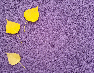 Lilac or violet background with three yellow autumn leaves. Lilac gravel. Autumn weather, brighter days. Suitable for postcards, promotions, websites, printing, social networks.