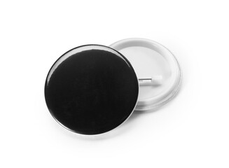 Black blank badge. Glossy round button. Pin badge mockup isolated on white background