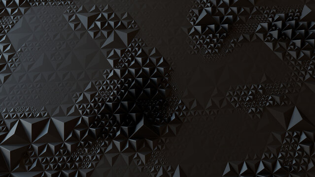 Dark Futuristic Surface with Tetrahedrons. Black, Polygonal 3d Texture.