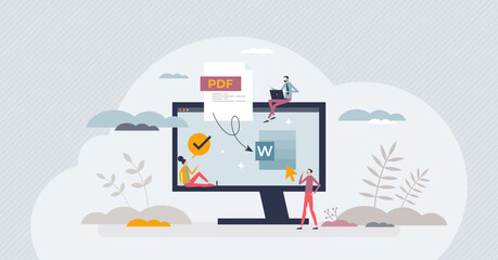 PDF to word format converter or save document in doc file tiny person concept. Online software tool with attachment upload function to remake or edit text vector illustration. Change extension type.