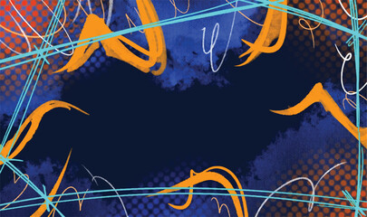 Funky, pop, fun, and colorful blue background with blue and orange dominated color and polka dots ornament. Rectangle social media web brochure or flyer template for presentation frame border.