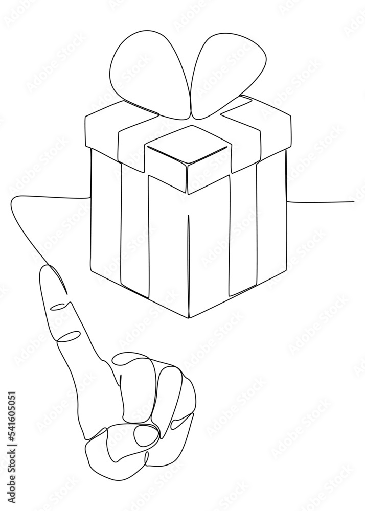 Poster one continuous line of index finger pointng at gift box. thin line illustration vector concept. cont