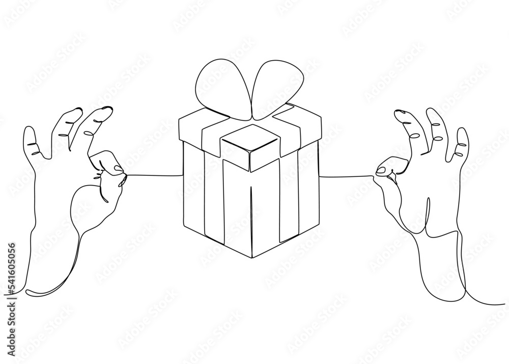 Poster one continuous line of two hand holding a string with gift box. thin line illustration vector concep