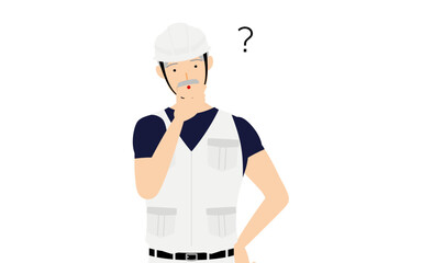 大工の男性のポーズ、疑問を持つ