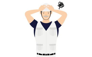 大工の男性のポーズ、頭を抱えて悩む