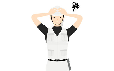 大工のシニア女性のポーズ、頭を抱えて悩む