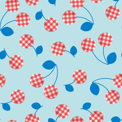 Plaid Cherry Fruit Pink Blue Pattern Print Fabric Stemless Background wallpaper