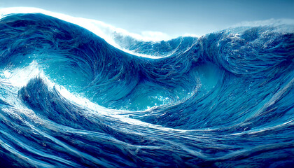 Surreal scenery in the blue sea, 3d Illustration of ocean waves on blurred background